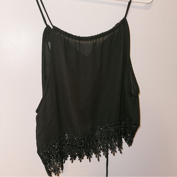 Urban Outfitters medium black cropped embroidered tank top with ties and cutout - Picture 2 of 4